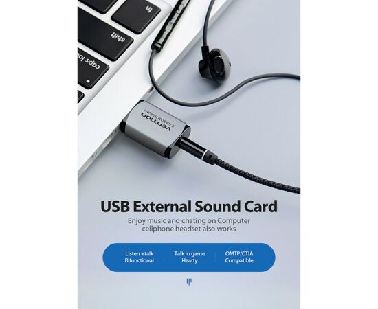 Звуковая плата Vention Audio USB 1х3,5mm jack 4pin Metal (OMTP-CTIA) (CDLH0), изображение 2