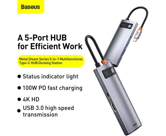 Концентратор Baseus USB3.1 Type-C to USB Type C PD 100W/HDMI 4K 60 Hz/3*USB 3.2 Gen1/ 5in1 (CAHUB-CX0G), изображение 12 Концентратор Baseus USB3.1 Type-C to USB Type C PD 100W/HDMI 4K 60 Hz/3*USB 3.2 Gen1/ 5in1 (CAHUB-CX0G), изображение 12