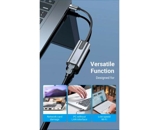 Переходник USB3.1 Type-C to Ethernet RJ45 1000Mb Aluminum black Vention (CFNHB), изображение 6 Переходник USB3.1 Type-C to Ethernet RJ45 1000Mb Aluminum black Vention (CFNHB), изображение 6