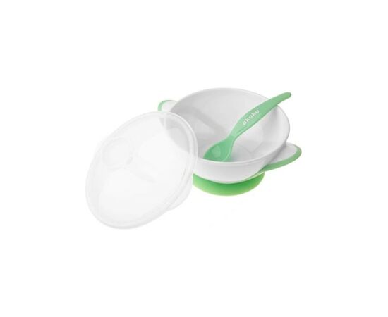 Набор детской посуды Akuku тарелка на присоске с ложкой, белый-зеленый (A0504), изображение 2 Набор детской посуды Akuku тарелка на присоске с ложкой, белый-зеленый (A0504), изображение 2