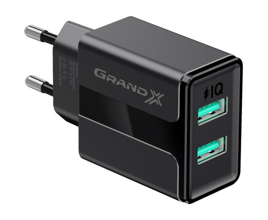 Зарядний пристрій Grand-X CH-15T 5V 2.1A 2USB Black + cable USB -> Type-C (CH-15T), зображення 2 Зарядний пристрій Grand-X CH-15T 5V 2.1A 2USB Black + cable USB -> Type-C (CH-15T), зображення 2