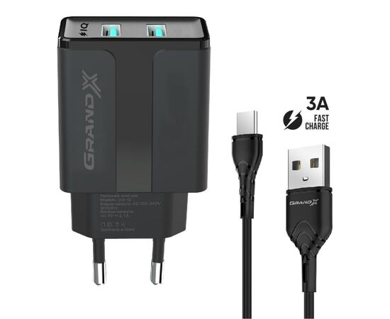 Зарядное устройство Grand-X CH-15T 5V 2.1A 2USB Black + cable USB -> Type-C (CH-15T)
