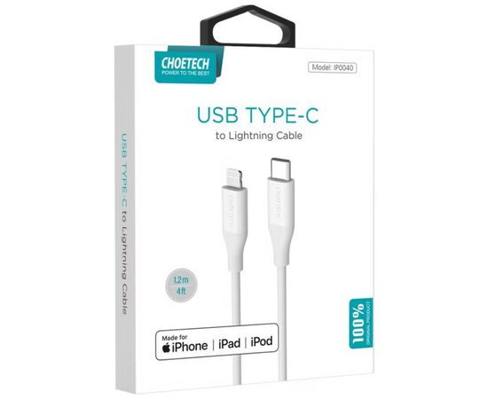 Дата кабель USB-С to Lightning 1.0m USB2.0 30W MFI Choetech (IP0040-WH), изображение 3 Дата кабель USB-С to Lightning 1.0m USB2.0 30W MFI Choetech (IP0040-WH), изображение 3