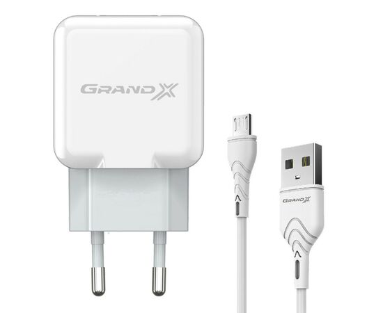 Зарядний пристрій Grand-X USB 5V 2,1A White + cable USB -> micro USB, Cu (CH-03UMW)