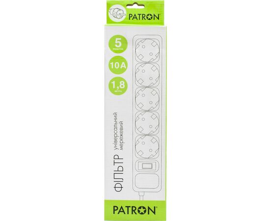Сетевой фильтр питания Patron 1.8m (SP-1052W), 5 розеток White (EXT-PN-SP-1052W), изображение 2 Сетевой фильтр питания Patron 1.8m (SP-1052W), 5 розеток White (EXT-PN-SP-1052W), изображение 2