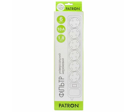Сетевой фильтр питания Patron 1.8m (SP-1062W), 6 розеток White (EXT-PN-SP-1062W), изображение 2 Сетевой фильтр питания Patron 1.8m (SP-1062W), 6 розеток White (EXT-PN-SP-1062W), изображение 2