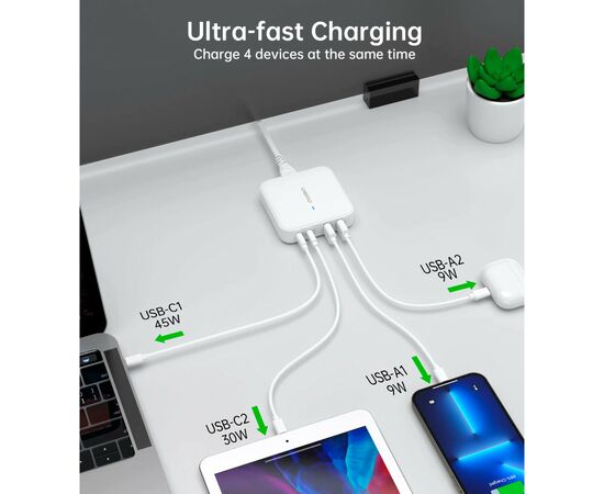 Зарядное устройство Choetech GaN 2 USB-A / 2 USB-C 100W QC3.0/PD/PPS (PD8008-EU-WH), изображение 6 Зарядное устройство Choetech GaN 2 USB-A / 2 USB-C 100W QC3.0/PD/PPS (PD8008-EU-WH), изображение 6