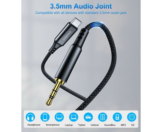 Переходник USB-C to jack 3.5mm stereo audio (CDLA) 2.0m Choetech (AUX008-BK), изображение 3 Переходник USB-C to jack 3.5mm stereo audio (CDLA) 2.0m Choetech (AUX008-BK), изображение 3