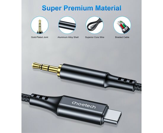 Переходник USB-C to jack 3.5mm stereo audio (CDLA) 2.0m Choetech (AUX008-BK), изображение 4 Переходник USB-C to jack 3.5mm stereo audio (CDLA) 2.0m Choetech (AUX008-BK), изображение 4