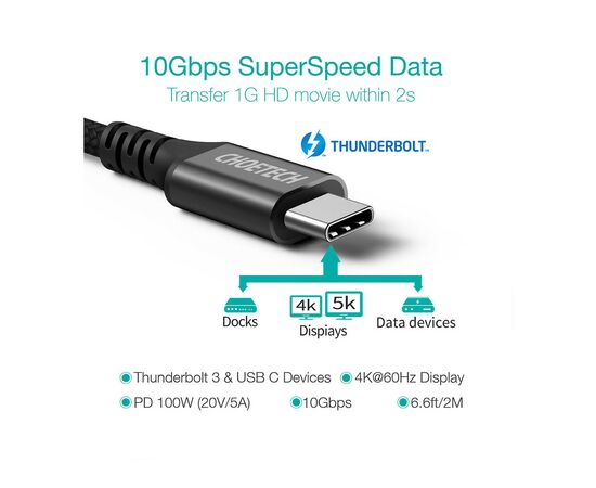Дата кабель USB-С to USB-С 2.0m 100W 4K60Hz USB3.1 GEN2 Choetech (XCC-1007-V2-BK), изображение 2 Дата кабель USB-С to USB-С 2.0m 100W 4K60Hz USB3.1 GEN2 Choetech (XCC-1007-V2-BK), изображение 2