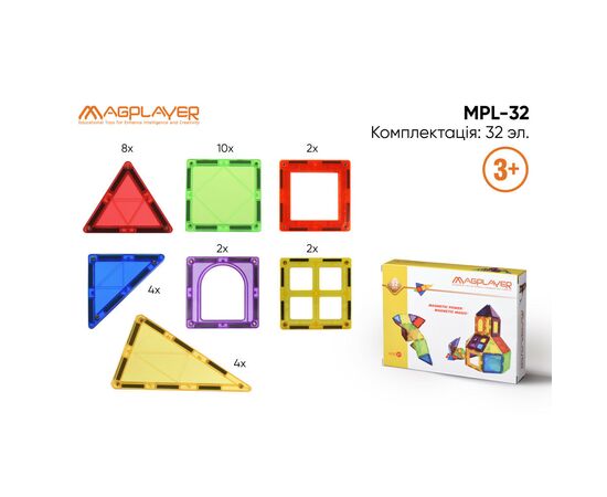 Конструктор Magplayer магнитные плитки 32 эл (MPL-32), изображение 3 Конструктор Magplayer магнитные плитки 32 эл (MPL-32), изображение 3