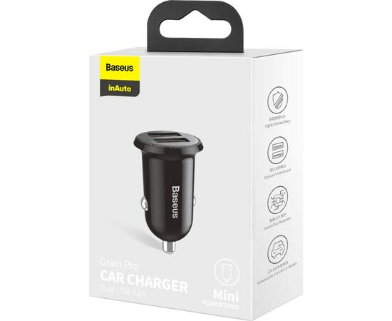 Зарядное устройство Baseus Grain Pro Car Charger (Dual USB 4.8A ) USB Black (CCALLP-01), изображение 10 Зарядное устройство Baseus Grain Pro Car Charger (Dual USB 4.8A ) USB Black (CCALLP-01), изображение 10
