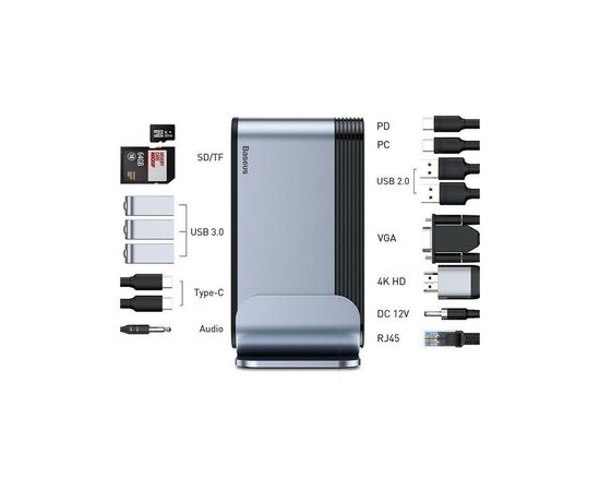Концентратор Baseus USB3.2 Type-C to 1xHDMI/VGA/4xUSB-C/5xUSB/RJ45/SD/TRRS 3.5mm/PD 100W + PA 16 in 1 (CAHUB-BG0G), зображення 7 Концентратор Baseus USB3.2 Type-C to 1xHDMI/VGA/4xUSB-C/5xUSB/RJ45/SD/TRRS 3.5mm/PD 100W + PA 16 in 1 (CAHUB-BG0G), зображення 7