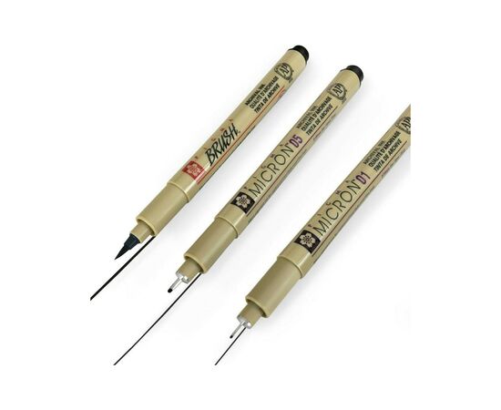 Лайнер Sakura Набор Pigma Micron 2 шт (0.1/0.5) + 1 линер-кисть Pigma Brush Черный, в блистере (8712079441685), изображение 4 Лайнер Sakura Набор Pigma Micron 2 шт (0.1/0.5) + 1 линер-кисть Pigma Brush Черный, в блистере (8712079441685), изображение 4