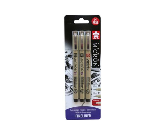 Лайнер Sakura Набор Pigma Micron 2 шт (0.1/0.5) + 1 линер-кисть Pigma Brush Черный, в блистере (8712079441685)