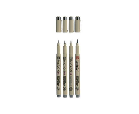 Лайнер Sakura Набор Pigma Micron 4шт, (0.1/0.5/10/линер-кисть Pigma Brush), Серый (8712079474294), изображение 2 Лайнер Sakura Набор Pigma Micron 4шт, (0.1/0.5/10/линер-кисть Pigma Brush), Серый (8712079474294), изображение 2