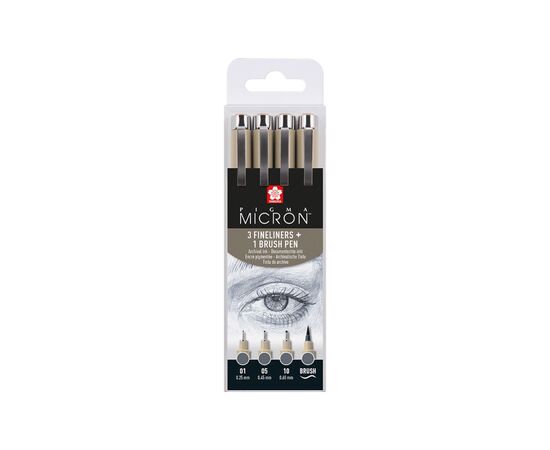 Лайнер Sakura Набор Pigma Micron 4шт, (0.1/0.5/10/линер-кисть Pigma Brush), Серый (8712079474294)