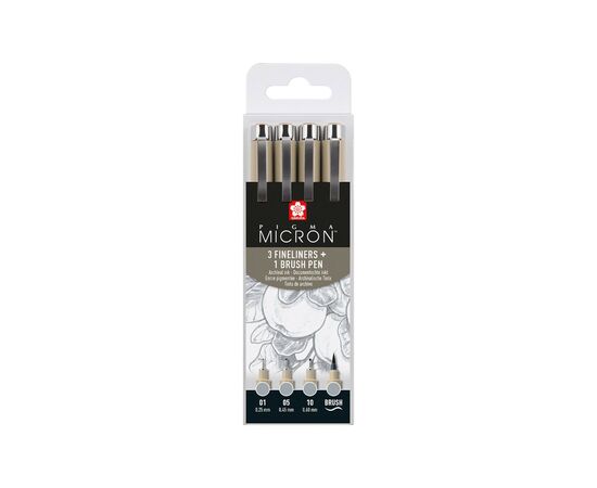 Лайнер Sakura Набір Pigma Micron 4 шт, (0.1/0.5/10/лінер-пензель Pigma Brush), Світло-сірий (8712079474287)