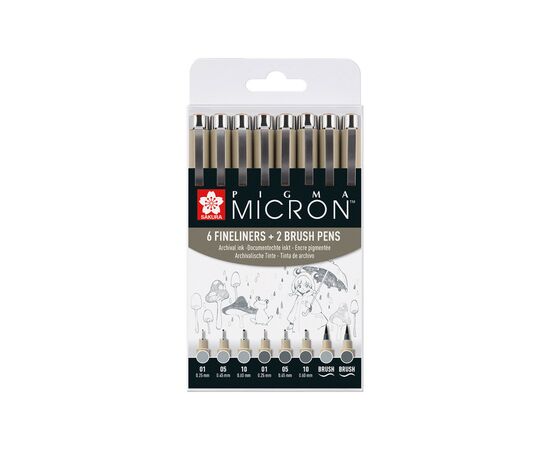 Лайнер Sakura Набор Pigma Micron 8шт, (0.1/0.5/10/линер-кисть Pigma Brush), Серый/Серый светлый (8712079474300)
