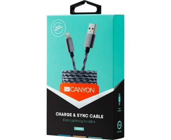 Дата кабель USB 2.0 AM to Lightning 1.0m Dark gray Canyon (CNE-CFI3DG), изображение 2 Дата кабель USB 2.0 AM to Lightning 1.0m Dark gray Canyon (CNE-CFI3DG), изображение 2