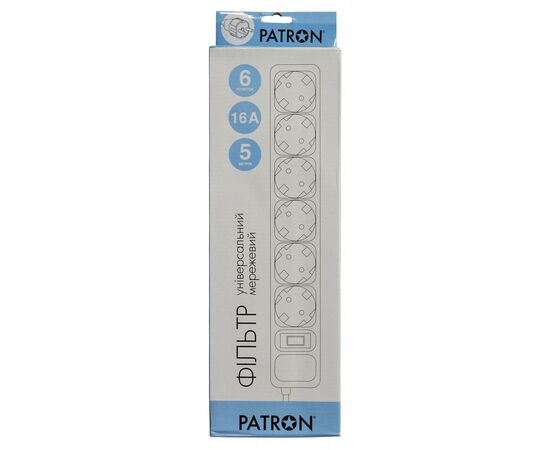 Сетевой фильтр питания Patron 5.0 m, 3*1.5mm2 (SP-1665) 6 розеток BLACK (EXT-PN-SP-1665), изображение 2 Сетевой фильтр питания Patron 5.0 m, 3*1.5mm2 (SP-1665) 6 розеток BLACK (EXT-PN-SP-1665), изображение 2