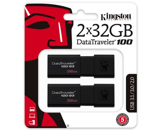 USB флеш накопитель Kingston 2x32GB DataTraveler 100 G3 USB 3.1 (DT100G3/32GB-2P), изображение 4 USB флеш накопитель Kingston 2x32GB DataTraveler 100 G3 USB 3.1 (DT100G3/32GB-2P), изображение 4