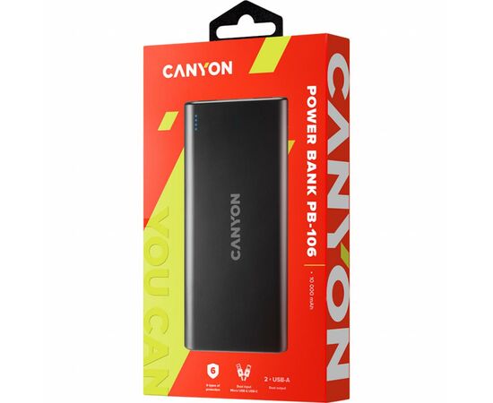 Батарея универсальная Canyon PB-106 10000mAh Input 5V/2A, Output 5V/2.1A(Max) (CNE-CPB1006B), изображение 5 Батарея универсальная Canyon PB-106 10000mAh Input 5V/2A, Output 5V/2.1A(Max) (CNE-CPB1006B), изображение 5