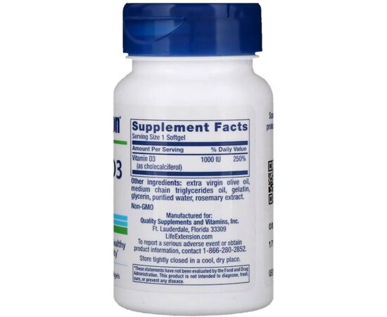 Витамин Life Extension Витамин D3, Vitamin D3, 25 мкг (1000 МЕ), 90 гелевых капсул (LEX-17539), изображение 2 Витамин Life Extension Витамин D3, Vitamin D3, 25 мкг (1000 МЕ), 90 гелевых капсул (LEX-17539), изображение 2