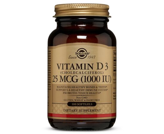 Витамин Solgar Витамин D3, Cholecalciferol, 25 мкг, 1,000 МЕ, 100 гелевых (SOL03340)