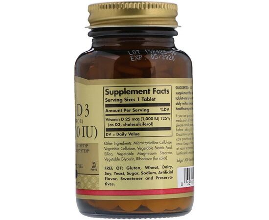Вітамін Solgar Вітамін D3, Cholecalciferol, 25 мкг, 1,000 МE, 180 таблеток (SOL-03311), зображення 2