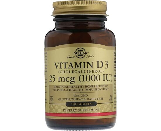 Вітамін Solgar Вітамін D3, Cholecalciferol, 25 мкг, 1,000 МE, 180 таблеток (SOL-03311)