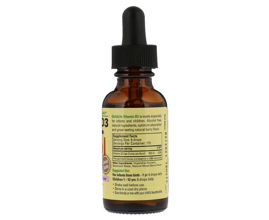 Витамин ChildLife Витамин D3 для Детей в Капельках со Вкусом Ягод, 500 МЕ, Vit (CDL-10900), изображение 2 Витамин ChildLife Витамин D3 для Детей в Капельках со Вкусом Ягод, 500 МЕ, Vit (CDL-10900), изображение 2