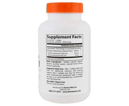 Жирні кислоти Doctor's Best DHA (докозагексаєнова кислота) Глибоководний 500мг, Calamari (DRB-00259), зображення 2 Жирні кислоти Doctor's Best DHA (докозагексаєнова кислота) Глибоководний 500мг, Calamari (DRB-00259), зображення 2