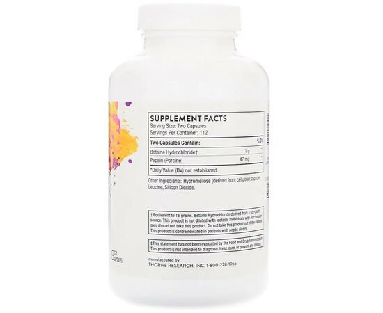 Витаминно-минеральный комплекс Thorne Research Бетаин HCL и Пепсин, Betaine HCL & Pepsin, 225 капсул (THR-41502), изображение 2 Витаминно-минеральный комплекс Thorne Research Бетаин HCL и Пепсин, Betaine HCL & Pepsin, 225 капсул (THR-41502), изображение 2