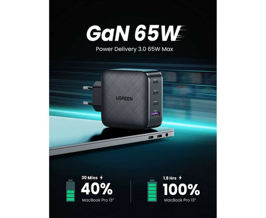 Зарядное устройство Ugreen CD224 65W USB + 3xType-C PD GaN Charger (Black) (70774), изображение 2
