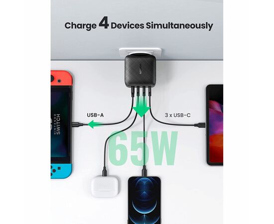 Зарядное устройство Ugreen CD224 65W USB + 3xType-C PD GaN Charger (Black) (70774), изображение 3