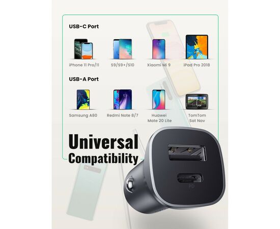 Зарядное устройство Ugreen CD130 20W USB + Type-C PD Car Charger (Gray) (30780), изображение 5 Зарядное устройство Ugreen CD130 20W USB + Type-C PD Car Charger (Gray) (30780), изображение 5
