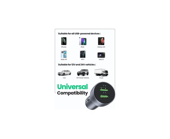 Зарядное устройство Ugreen CD213 36W 2xUSB QC 3.0 3A Car Charger (Dark Blue) (10144), изображение 4 Зарядное устройство Ugreen CD213 36W 2xUSB QC 3.0 3A Car Charger (Dark Blue) (10144), изображение 4