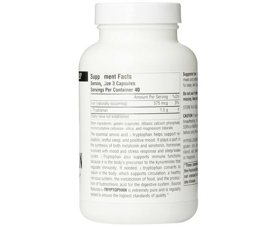 Аминокислота Source Naturals L-Триптофан 500мг, 120 капсул (SN1985), изображение 2 Аминокислота Source Naturals L-Триптофан 500мг, 120 капсул (SN1985), изображение 2