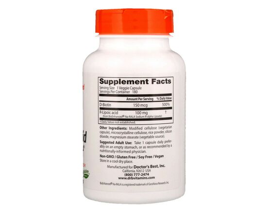 Антиоксидант Doctor's Best R-Липоевая Кислота, R-Lipoic Acid, 100 мг, 180 капсул (DRB-00229), изображение 2 Антиоксидант Doctor's Best R-Липоевая Кислота, R-Lipoic Acid, 100 мг, 180 капсул (DRB-00229), изображение 2