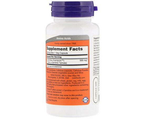 Аминокислота Now Foods L- Карнитин, 500 мг, L-Carnitine, 60 вегетарианских капсул (NOW-00072), изображение 2 Аминокислота Now Foods L- Карнитин, 500 мг, L-Carnitine, 60 вегетарианских капсул (NOW-00072), изображение 2