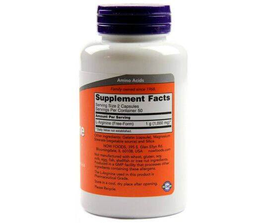 Аминокислота Now Foods L-Аргинин, L-Arginine, 500 мг, 100 капсул (NOW-00030), изображение 2