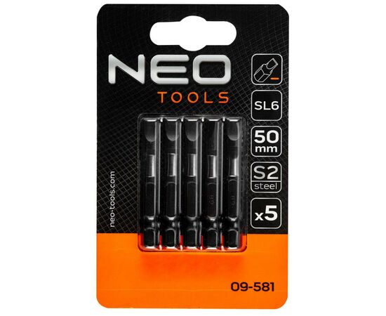 Набор бит Neo Tools ударных 50 мм, SL6-5 шт., сталь S2 (09-581), изображение 3 Набор бит Neo Tools ударных 50 мм, SL6-5 шт., сталь S2 (09-581), изображение 3