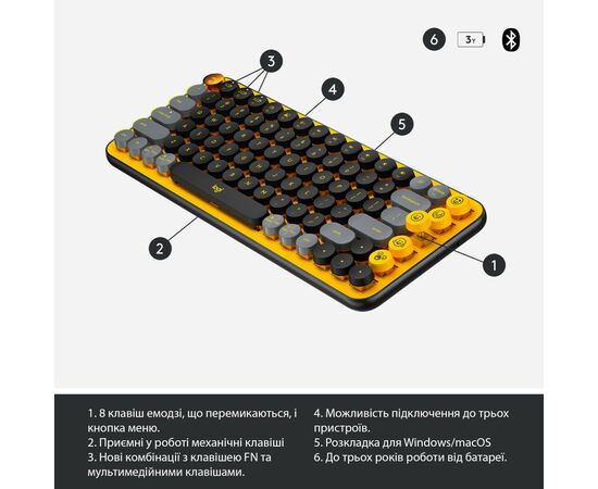 Клавіатура Logitech POP Keys Wireless Mechanical Keyboard Blast Yellow (920-010716), зображення 6 Клавіатура Logitech POP Keys Wireless Mechanical Keyboard Blast Yellow (920-010716), зображення 6