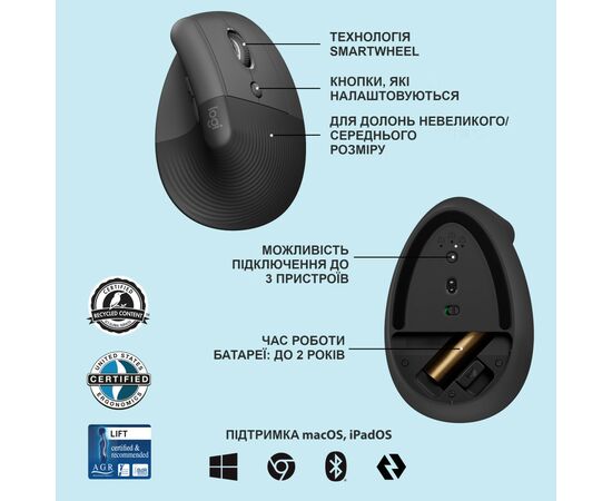 Мышка Logitech Lift Vertical Ergonomic Wireless/Bluetooth Graphite (910-006473), изображение 6 Мышка Logitech Lift Vertical Ergonomic Wireless/Bluetooth Graphite (910-006473), изображение 6