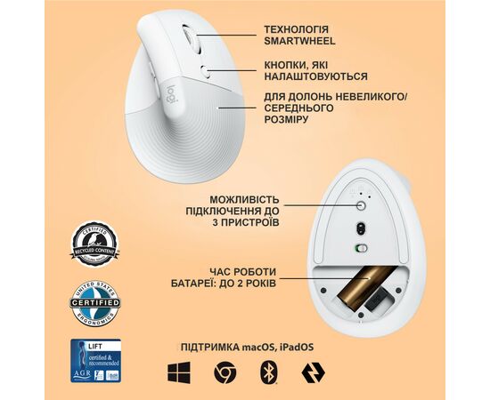 Мишка Logitech Lift Vertical Ergonomic Wireless/Bluetooth White (910-006475), зображення 6 Мишка Logitech Lift Vertical Ergonomic Wireless/Bluetooth White (910-006475), зображення 6