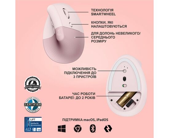 Мышка Logitech Lift Vertical Ergonomic Wireless/Bluetooth Rose (910-006478), изображение 6 Мышка Logitech Lift Vertical Ergonomic Wireless/Bluetooth Rose (910-006478), изображение 6