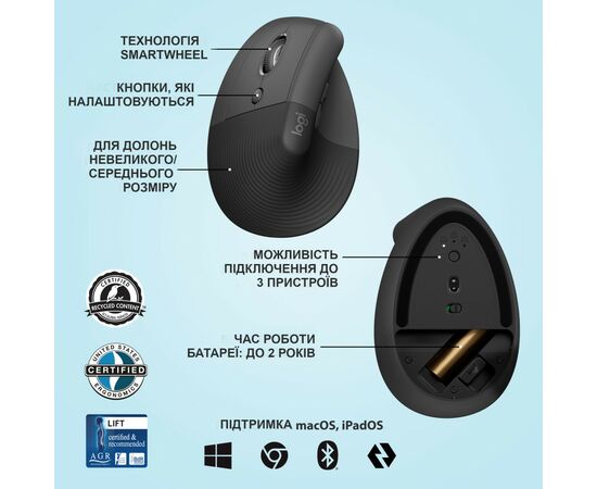 Мишка Logitech Lift Left Vertical Ergonomic Wireless/Bluetooth Graphite (910-006474), зображення 6 Мишка Logitech Lift Left Vertical Ergonomic Wireless/Bluetooth Graphite (910-006474), зображення 6