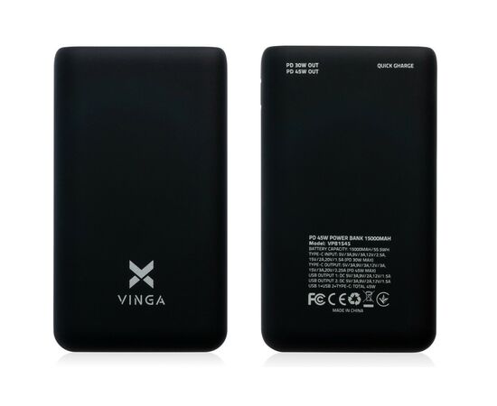 Батарея универсальная Vinga 15000 mAh 45W QC+PD (VPB1545), изображение 3 Батарея универсальная Vinga 15000 mAh 45W QC+PD (VPB1545), изображение 3