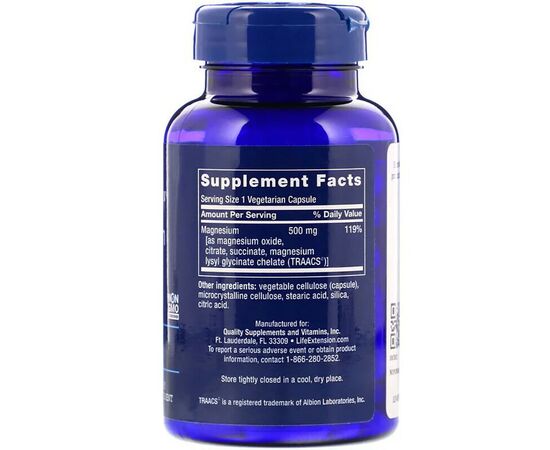 Минералы Life Extension Магний, Magnesium, 500 мг, 100 вегетарианских капсул (LEX-14591), изображение 2 Минералы Life Extension Магний, Magnesium, 500 мг, 100 вегетарианских капсул (LEX-14591), изображение 2